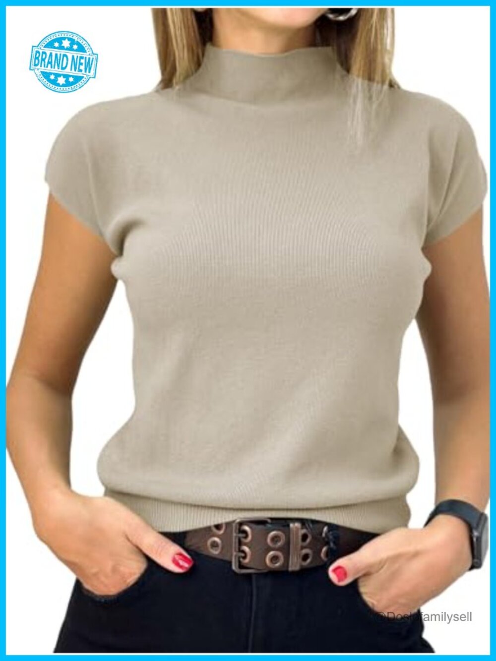 Women's Short Sleeve Mock Neck Ribbed Knit Pullover Sweater Top